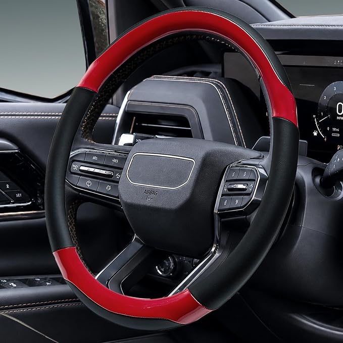 Leather Steering Wheel Cover for Chevy Silverado 1500 2500 3500, 14.5-15 inches Car Steering Wheel Cover with Non-Slip Breathable (Bright Red)