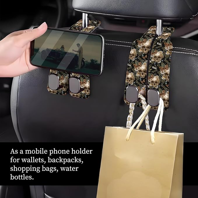 Car Seat Headrest Hook, Universal Leather Cute Hanger Holder Hook, Storage Organizer Interior Accessories for Purse Bags Handbag Cute Retro Flower Skulls