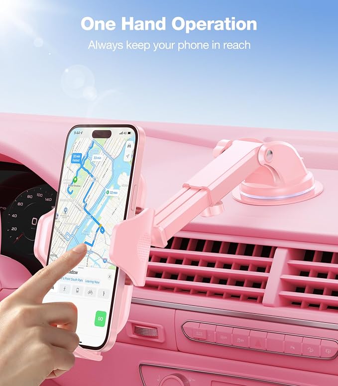 Pink Phone Holder for Your Car [Sturdy & Durable] [Powerful Suction] Dashboard Windshield Air Vent Car Phone Holder Hands Free Phone Mount for Car for iPhone Android, Pink Car Accessories