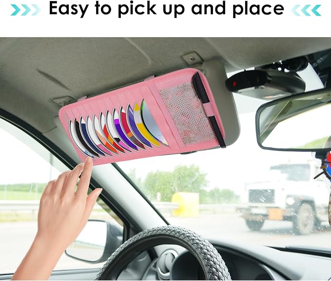 Trinkrittey CD Holder for Car Visor, Vehicle Sun Visor Organizer Large Capacity with 12 DVD Storage Sleeves 1 Mesh Pocket 1 Pen Holder and Elastic Strap