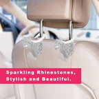 2PCS Bling Bow Car Seat Headrest Hooks, S-Type Crystal Auto Rear Seat Organizer for Handbags Purses Groceries, Cute Rhinestone Bow Seats Back Storage Hook for SUV Truck Sedan (White)