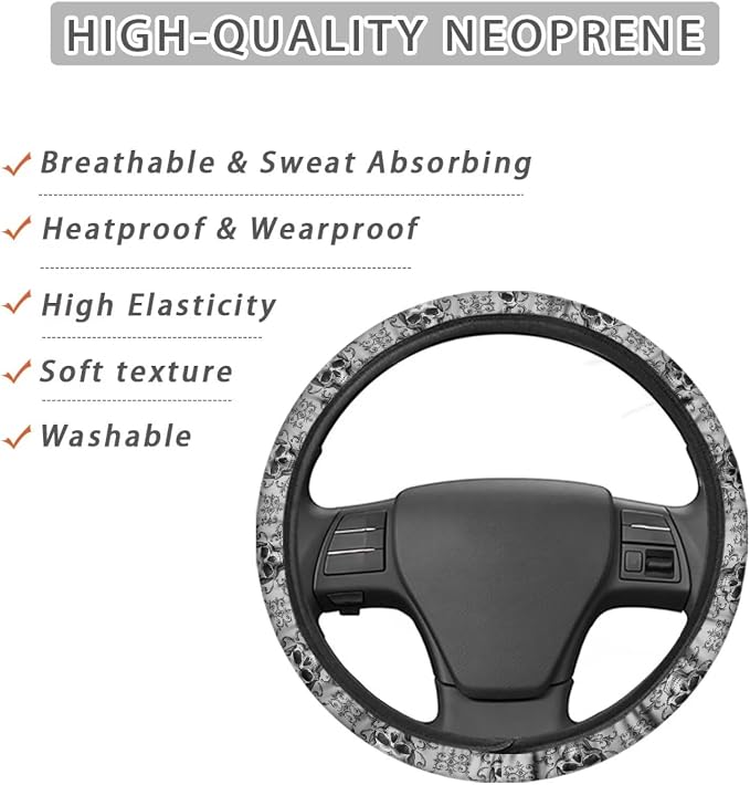 Steering Wheel Protection for Most Cars Interior Accessories | Skull Bat Grey Automotive Steering Wheel Cushion, Halloween Decor, Anti-slip Universal 14-15 inch, Easy Install