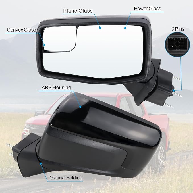 Left Driver Side Mirror Compatible with 2019-2025 chevy Silverado 1500 Power Glass Manual Folding Non-Heated without Turn signal Replace#GM1320582(3Pins）