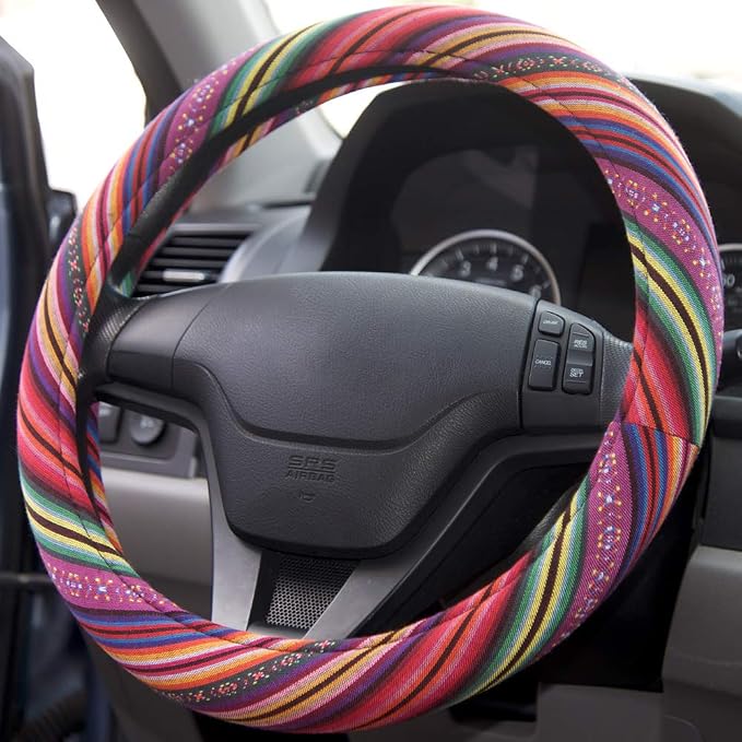Colorful Woven Boho Bohemian Hippie Style Steering Wheel Cover for Women - Fits Most Standard Wheel Sizes 14.5-15 inch Colorful Patterns