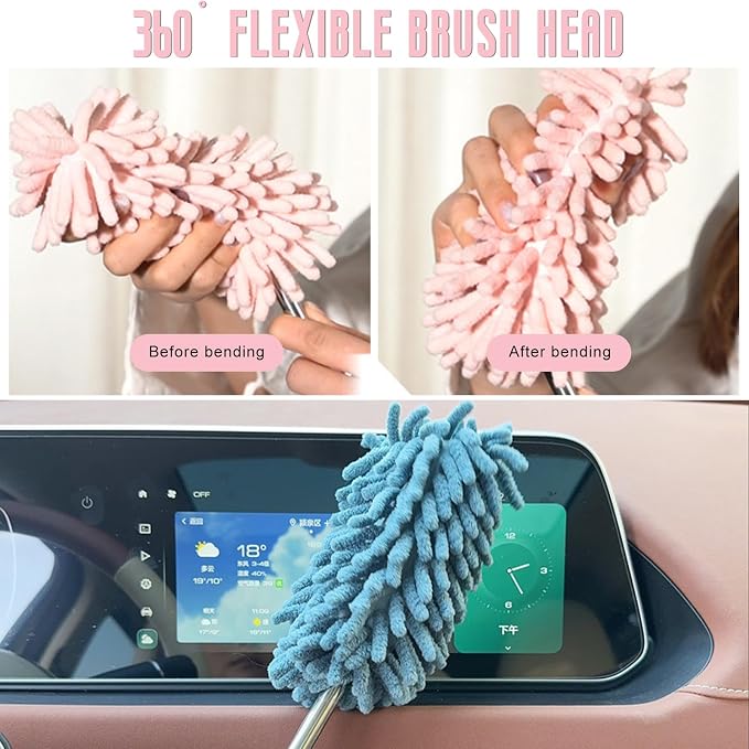 2 PCS Car Interior Duster with Extension Pole, Stretchable Chenille Vehicle Dusters with Bendable Head, Scratch Free Dusters Soft Cleaning Tool for Car Exterior & Interior (Navy Blue)