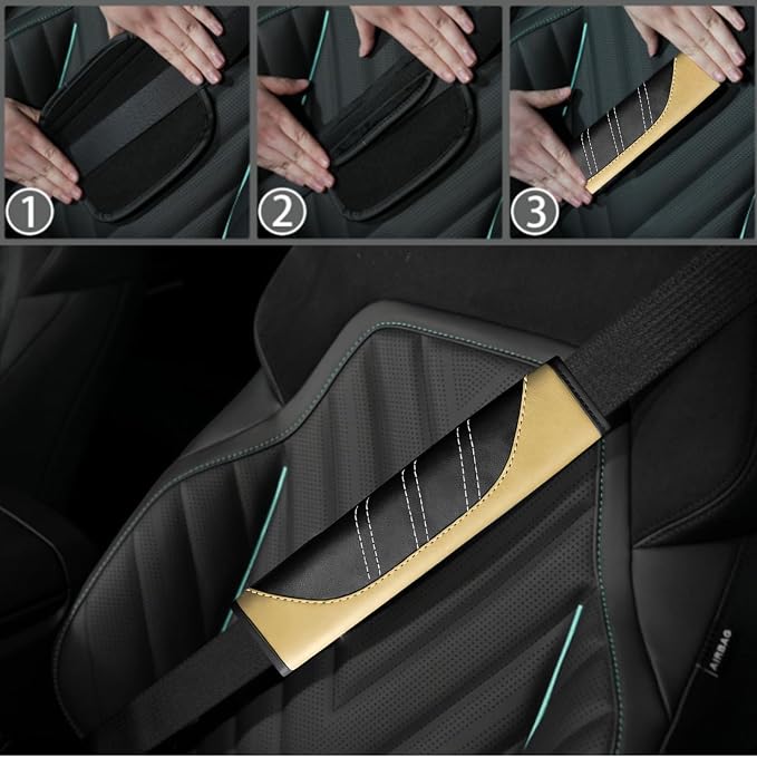 10 Pcs Car Floor Mats Full Set & Sport Leather Steering Wheel Cover 14.5-15 inch, Center Console Cover, Seat Belt Cushion, Cup Holder Coaster, Universal Automobile Interior Sets (Beige)