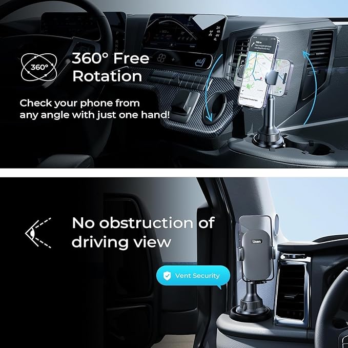 Cup Holder Phone Holder [No Shaking] Phone Holder for Car, 360° Adjustable iPhone Holder Car Accessories for Women Truck Jeep Golf for iPhone 17 Pro Max 16 15 14 Samsung S25 All 4-7'' Phone