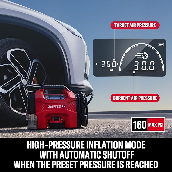 3-in-1 Tire Inflator, 160PSI Portable Air Compressor/Car Vacuum/Dust Blower, 20V Cordless & 12V Car Power, Air Pump with LED Light for Cars Trucks RV Tires (Battery Sold Separately)