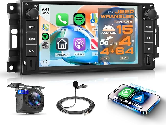 4G+64G 5G WiFi Android Car Radio Stereo for Jeep Wrangler 2007-2018 Dodge RAM Chrysler with Wireless Carplay Android Auto 1080P Cam USB/Type-C, 7" for Jeep Wrangler Radio for Dodge RAM Chrysler Radio
