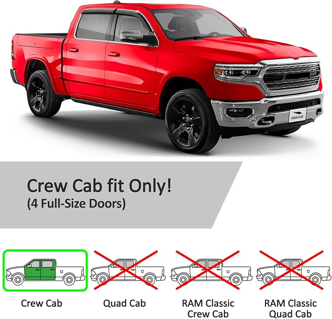 Voron Glass Chrome Trim Tape-on Extra Durable Rain Guards for Dodge Ram 1500 2019-2026 Crew Cab, Window Deflectors, Vent Window Visors, 4 Pieces - 120236