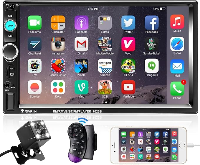Double Din Car Stereo Radio 7 Inch Touch Screen Bluetooth Handsfree Mirror Link USB SD FM Audio Receiver with Backup Camera Wireless Steering Wheel Control
