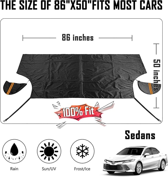 Windshield Cover for Cars, Trucks, Vans - 86x50 Inch Waterproof All Weather Winter Snow Frost Ice Sun Shade Cover with Side Mirror Covers, Automotive Exterior Accessories