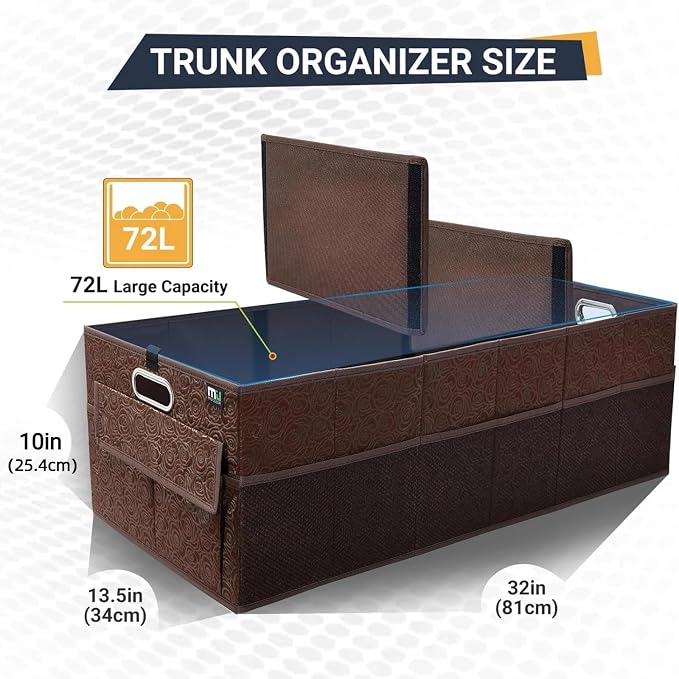 Trunk Organizer for Car, 12 Pockets Sturdy Car Organizer for SUV, Non-Slip Bottom, Storage Organizer for Sedans, Van, Jeep, Grocery, Large 3 Compartments, Brown Vintage 32"×13"×10.6"