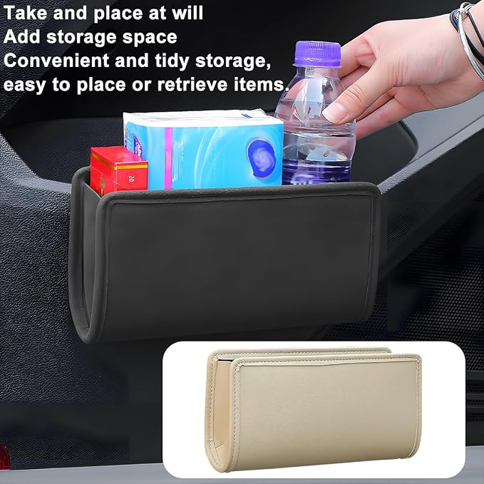 Car Seat Side Storage Pocket, Leather Hanging Foldable Multifunctional Vehicle Front Door Back Organizer Box, Waterproof Auto Interior Organizing Container, Universal fit(Beige)
