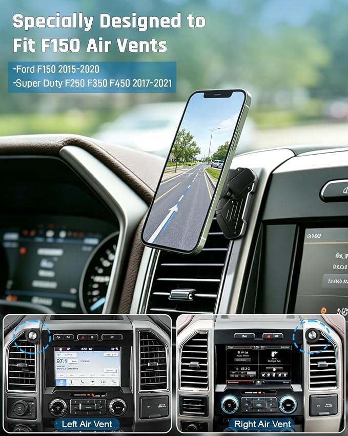Car Vent Phone Holder for Ford F-150 2015-2020, Super Duty F-250 F-350 F-450 2017-2021, CNC-Machined Aluminum Air Vent Mount with Magnetic and Spring Clamp Heads, 45° Adjustable Truck Bracket