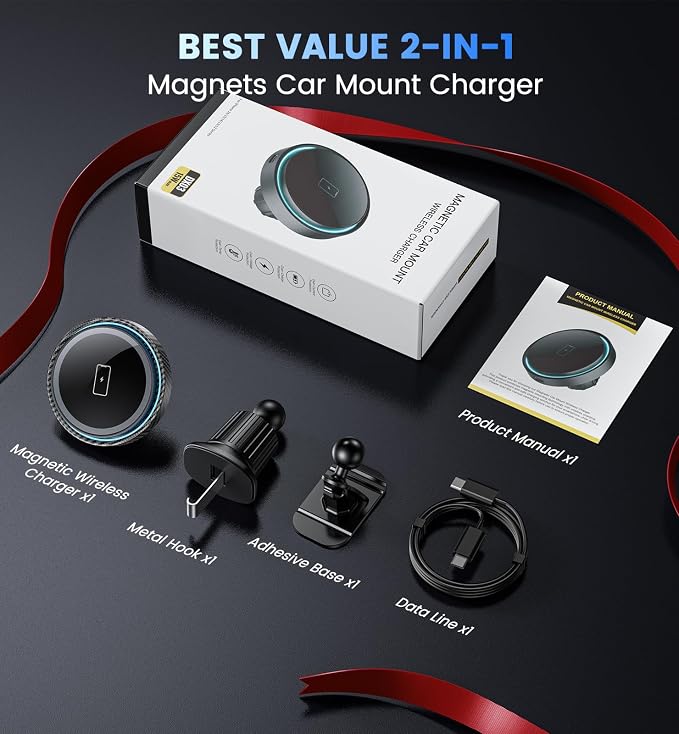 Magnetic Wireless Car Charger Mount, 15W Fast Charging Car Phone Holer for iPhone 17 16 15 14 13 12 Pro Max N52 Magnets,360°Rotation Dashboard/Vent Phone Holder Compatible with Magnetic Case