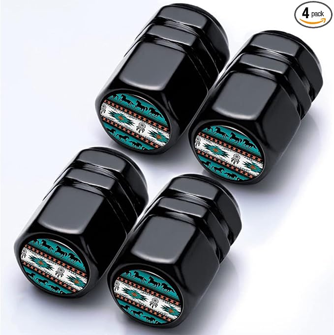 4Pack Aztec Car Tire Valve Stem Caps Aluminum Valve Stem Covers Air Cap | Corrosion Resistant Car Valve Cap for Auto SUV Bike Motorcycle Valve Decor Native American Style Car Accessories Gifts