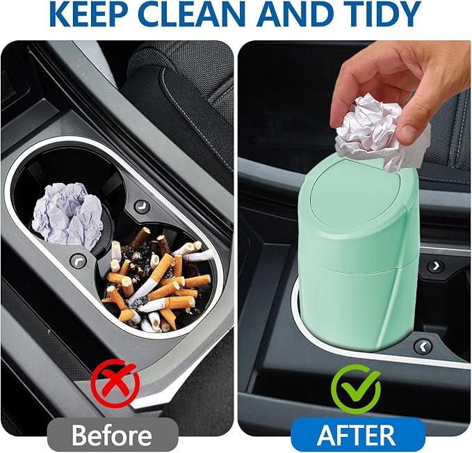 Mini Car Trash Can with Lid, Portable Garbage Can for Car, Leakproof Cup Holder Automotive Garbage Bin with 2 Rolls of Trash Bags, Small Trash Storage Can for Car Home Office(Light Green)