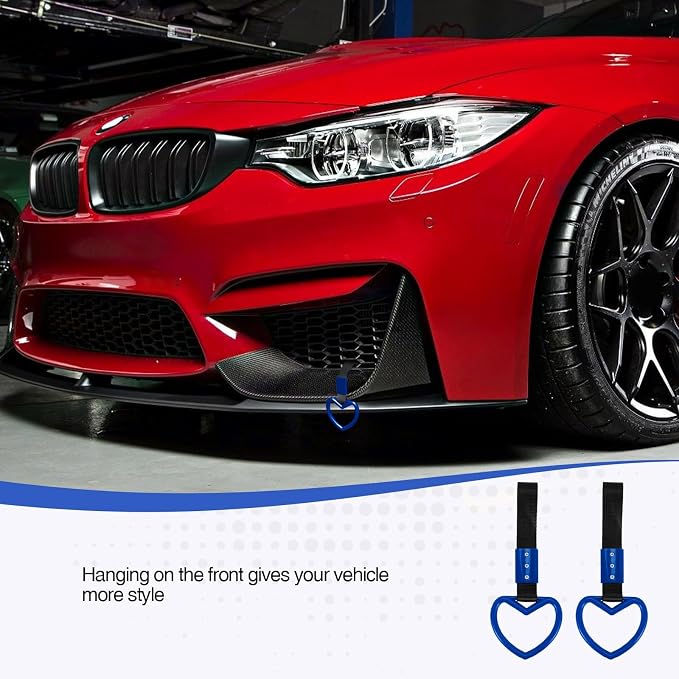 2PCS Heart Shaped Car Handle Straps, Rear Bumper Warning Keychain Ring for Car Exterior Accessories (Blue)
