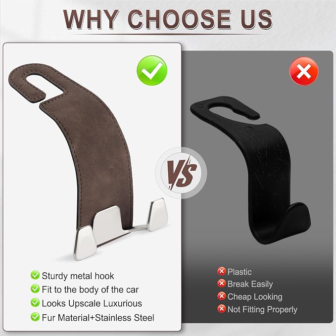 Car Seat Headrest Hook, Premium Suede Double Hook 2 Pack, Universal Hanging Accessories for Purse, Bag, Groceries - Car Interior Accessories (Brown)