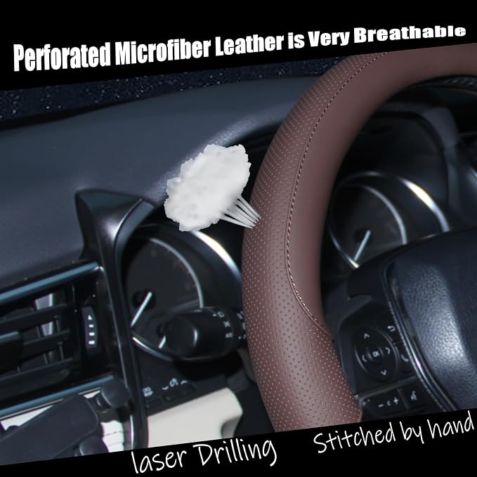 Steering Wheel Cover Universal Standard Size 14.5-15 inch, Breathable Microfiber Leather, Anti-Slip, Non-Folding Packaging, Fits Most Cars SUVs Trucks, Brown