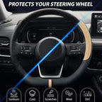 Flat Bottom Steering Wheel Cover Breathable, D Shaped Car Wheel Cover 14 1/2-15 in. (37-39 cm), Black Beige Microfiber Leather