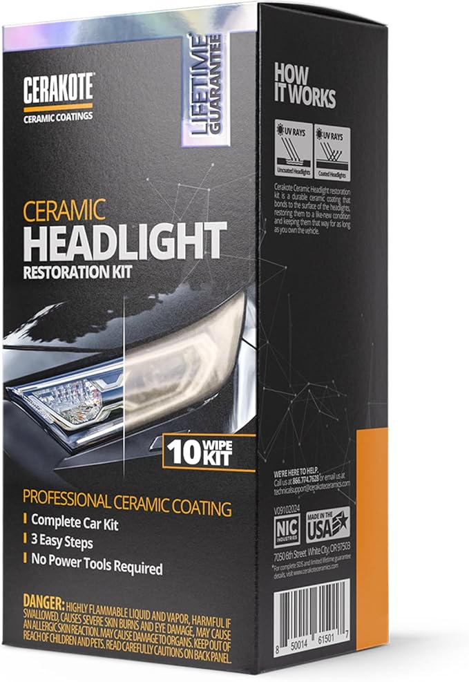 Ceramic Headlight Restoration Kit – Guaranteed To Last As Long As You Own Your Vehicle – Brings Headlights Back to Like New Condition - No Power Tools Required - 10 Wipe Kit