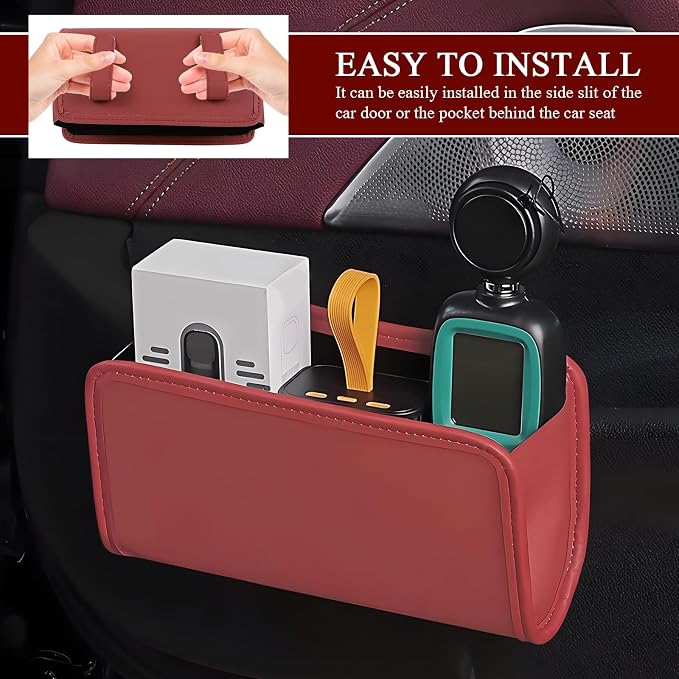 Car Trash Can, Leather Waterproof Automotive Garbage Can with Trash Bag, Hanging Mini Vehicle Trash Bin, Small Auto Door Organizer Storage Pouch, Universal Car Accessories (Wine Red)