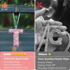 Bling Pink Car Accessories for Women Letter Charm, Rainbow Color Rear View Mirror Cute Crystal Pendant Car Decorations, Lucky Gifts Girly Diamond Rhinestone Charm Letter T