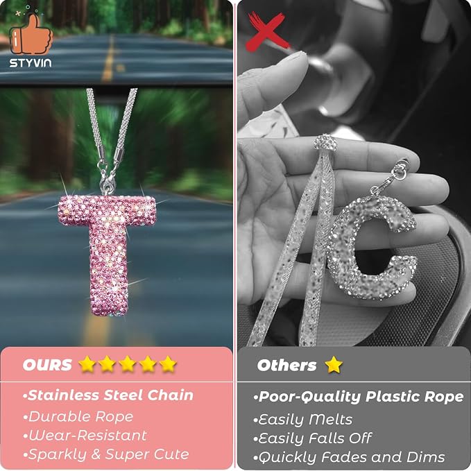 Bling Pink Car Accessories for Women Letter Charm, Rainbow Color Rear View Mirror Cute Crystal Pendant Car Decorations, Lucky Gifts Girly Diamond Rhinestone Charm Letter T