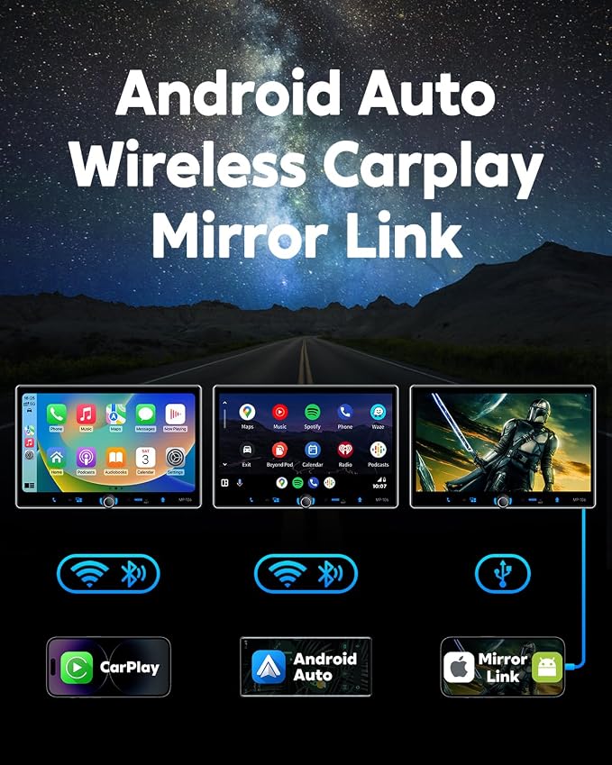 Single Din Car Stereo Wireless Apple Carplay Android Auto Radio, 10.1" Car Play Touch Screen, Bluetooth 5.3 Car Audio Receiver, 4.2 Channel 240W, Subwoofers, Backup Camera, Navigation, FM/AM, SWC
