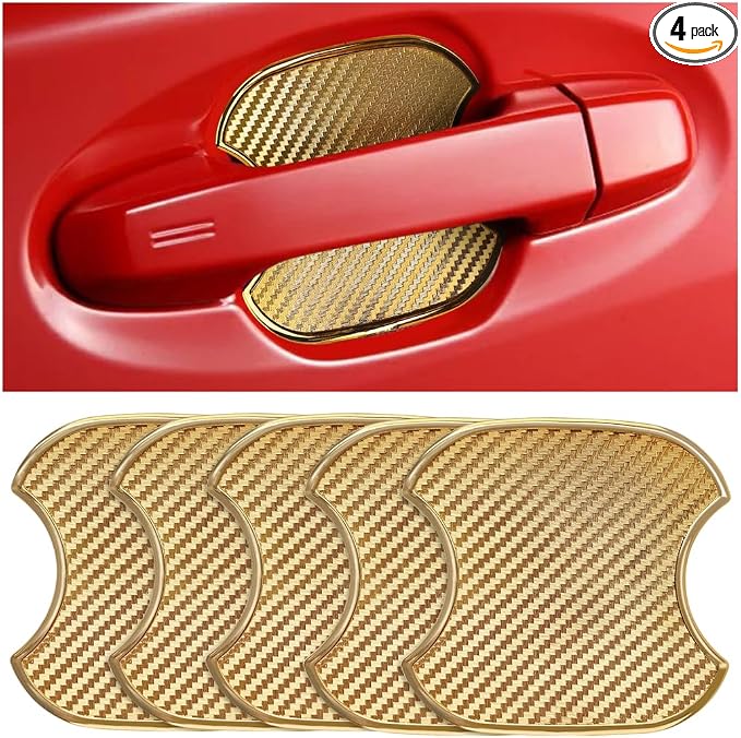 Mandark Car Door Handle Cup Scratch Protector, 4PCS 3D TPU Carbon Fiber Vehicle Door Bowl Sticker, Automotive Handle Paint Protective Film Cover, Universal Fit (Golden, Medium)