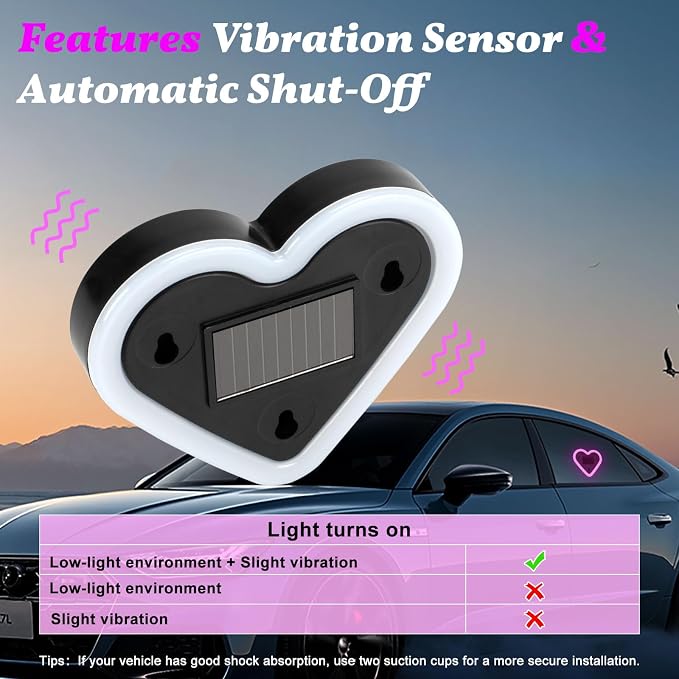 Upgrade Car Light LED Ambient Lights Heart Solar Lights Solar-Powered Heart-Shaped Neon Lights for Car Window Decorative 5 Modes Interior Outdoor Decor (Pink)