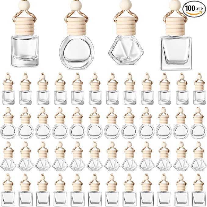 BOTO 100 Pcs Oil Air Freshener Diffuser with Wooden Cap Empty Essential Diffuser Aromatherapy Car Fresheners Clear Car Fragrance Holder Pendant Aesthetic Decor Hanging Perfume Bottle (Various Style)