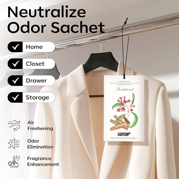 12 Pack Sandalwood Scented Sachets for Drawer, Closet & Small Spaces Air Freshener Bags, Odor Eliminator for Clothes, Car, Wardrobe, Home Fragrance Gift Set