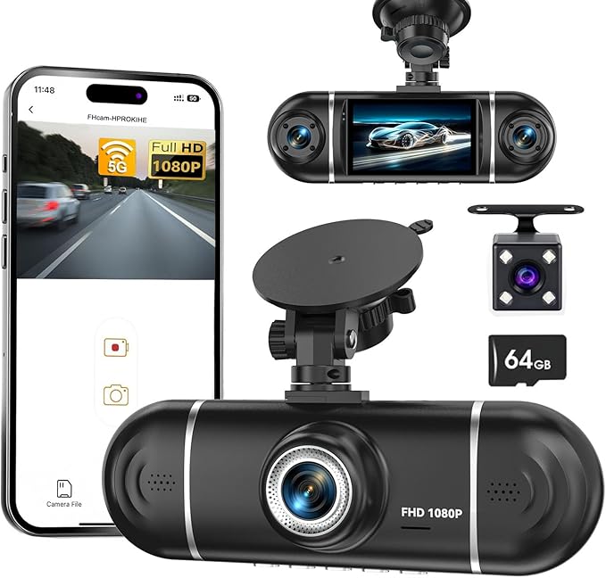 4 Channel Dash Cam Front and Rear Left Right, 360° View 1080P Car Dash Camera, Super Night Vision, G-Sensor,170° Wide Angle, Loop Recording, 24H Parking Monitor, WiFi & APP Control, 64GB SD Card