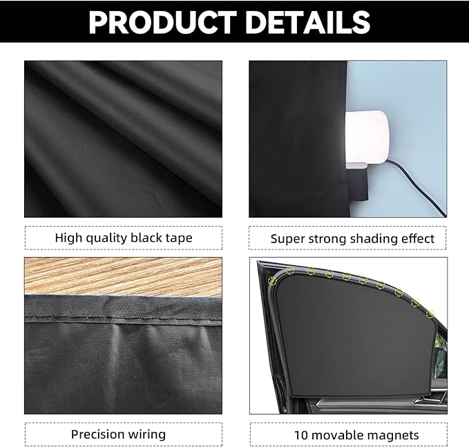 Car Window Sun Shades, Universal Interior Accessories - Double-Sided Black (4pcs)