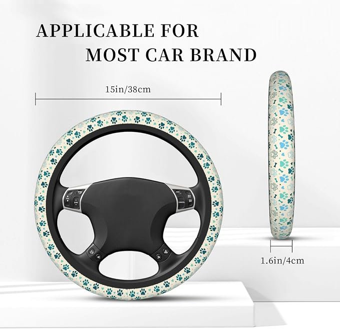 Teal Paw Print Steering Wheel Cover, 15 Inch Universal Fit Neoprene Steering Wheel Protector, Anti-Slip & Breathable Car Interior Accessory, Durable Auto Wrap for Women and Men, Fits Most Vehicles