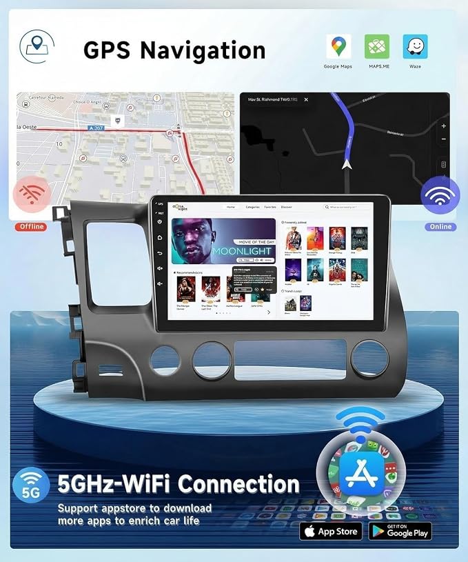 5GHz-WiFi 2G+64G Car Stereo for Honda Civic 2006 2007 2008 2009 2010 2011 with Wireless Carplay Android Auto, 10.1" Touchscreen Android 15 Car Radio Support Bluetooth EQ GPS USB AHD Backup Camera