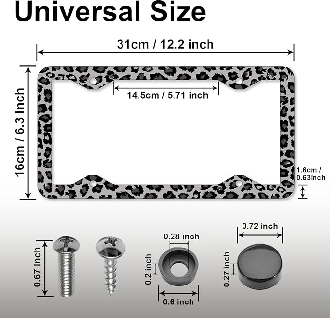 Black Gray Leopard Print License Plate Frames，Cheetah Print Car Accessories for Women and Men ，Cute Aluminum License Plate Frame Fits Standard US Vehicles Size 12.2 x 6 Inch (Gray-Leopard Print)