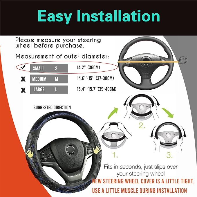 Small Size Steering Wheel Cover Great Grip with 3D Honeycomb Anti-Slip Design, 14 Inch (Blue)