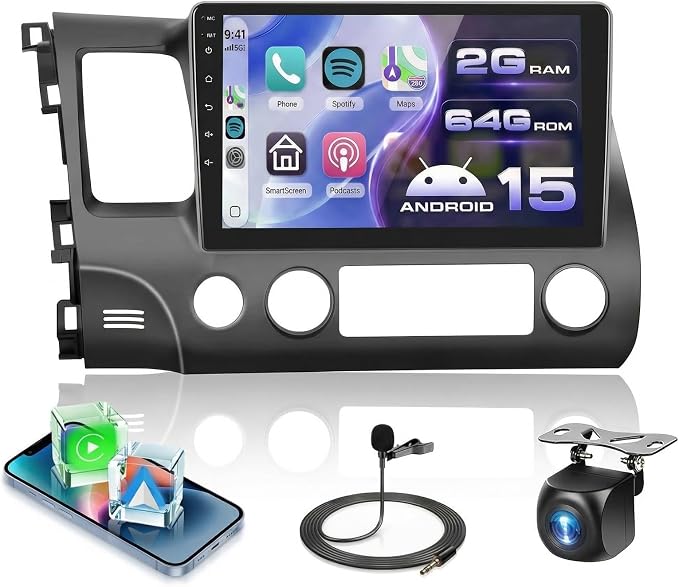 5GHz-WiFi 2G+64G Car Stereo for Honda Civic 2006 2007 2008 2009 2010 2011 with Wireless Carplay Android Auto, 10.1" Touchscreen Android 15 Car Radio Support Bluetooth EQ GPS USB AHD Backup Camera