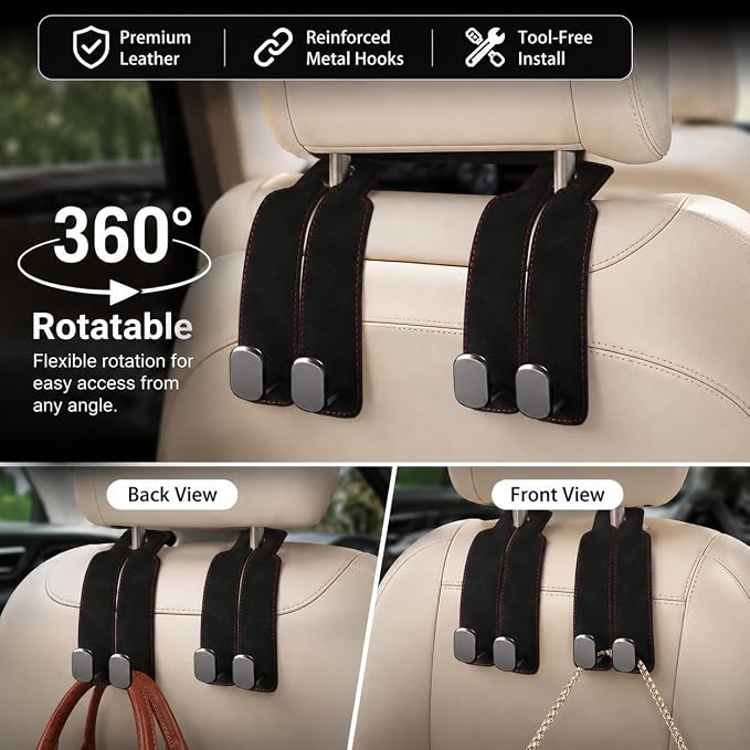 2Pcs Wide Car Headrest Hooks for Purses and Bags, 2026 Upgraded 0.98” Wide Opening for Thick Bag Handles, Premium Leather Car Seat Hanger with Dual Metal Hooks, WideFit Black