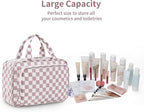 Travel Toiletry Bag for Women Large Hanging Makeup Bag Organizer Toiletries Bag for Full Size Essentials Accessories Cosmetics (Dusty Pink Checkerboard (Large))