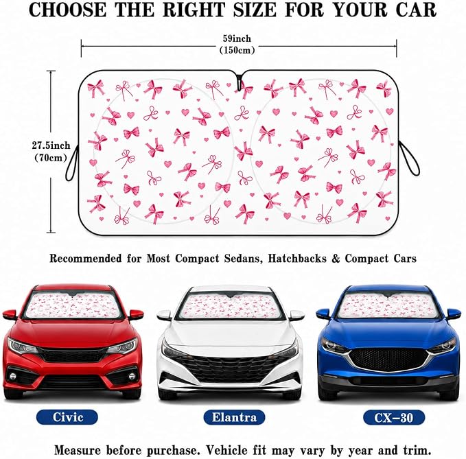 Car Windshield Sun Shade, Universal Fit Compact Sedan SUV, Cute Heart Bow | 59 x 27.5" Car Sun Visor, Foldable Front Window Sunshade, UV Heat Protection, Girly Bow Series