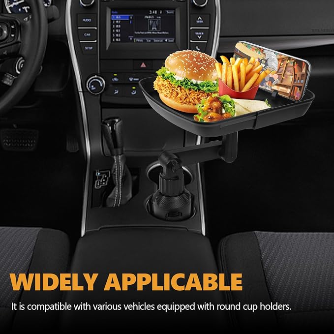 Car Cup Holder Tray Table, 360° Adjustable Car Food Tray with Phone Slot & Swivel Arm, 3 in 1 Detachable Vehicle Cup Holder Expander for Eating, Universal Road Trip Essentials