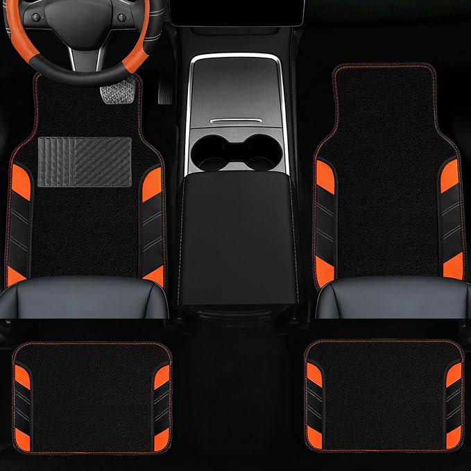 10 Pcs Car Floor Mats Full Set & Sport Leather Steering Wheel Cover 14.5-15 inch, Center Console Cover, Seat Belt Cushion, Cup Holder Coaster, Universal Automobile Interior Sets (Orange)