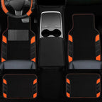 10 Pcs Car Floor Mats Full Set & Sport Leather Steering Wheel Cover 14.5-15 inch, Center Console Cover, Seat Belt Cushion, Cup Holder Coaster, Universal Automobile Interior Sets (Orange)