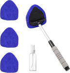 Car Windshield Cleaning Tool, Car Windshield Window Cleaner, Auto Window Glass Cleaning Kit with Extendable Handle & Reusable Microfiber Pad & Spray Bottle, Universal Car Accessories (Blue)