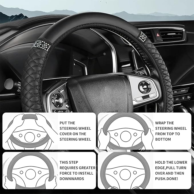 Bling Car Steering Wheel Cover, 15 Inch Rhinestones Soft Leather Elastic Steering Wheel Protector, Sparkly Crystal Diamond for Women, Car Interior Accessories for Most Cars (Green)